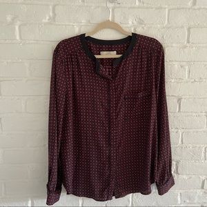 Loft Burgundy and Black Dotted Button Down Long Sleeve Blouse